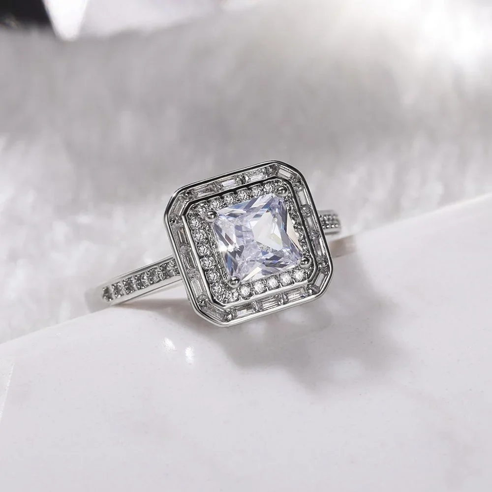 😍Luxury Engagement Clear Gem CZ Large Square Noble Thin Wedding Ring, K864